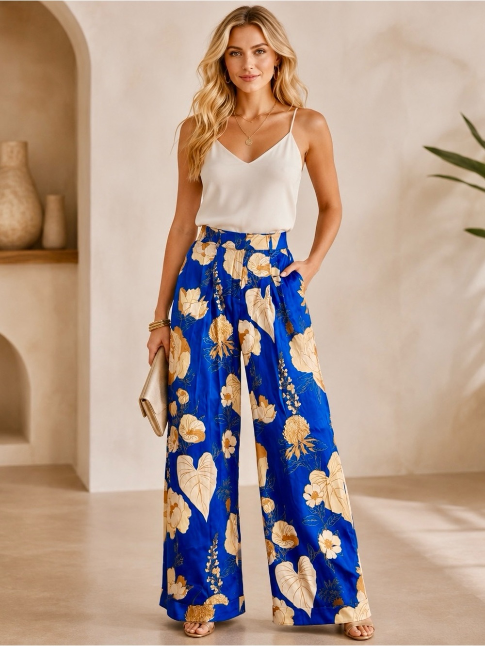 Farm Rio x Anthropologie Blue Floral Wide Leg Pants Sz Small Trouser Palazzo NEW